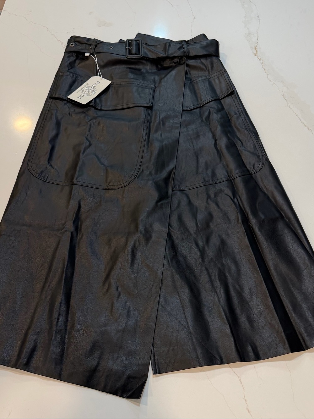Women's Black Faux Leather A-Line Skirt with Belt